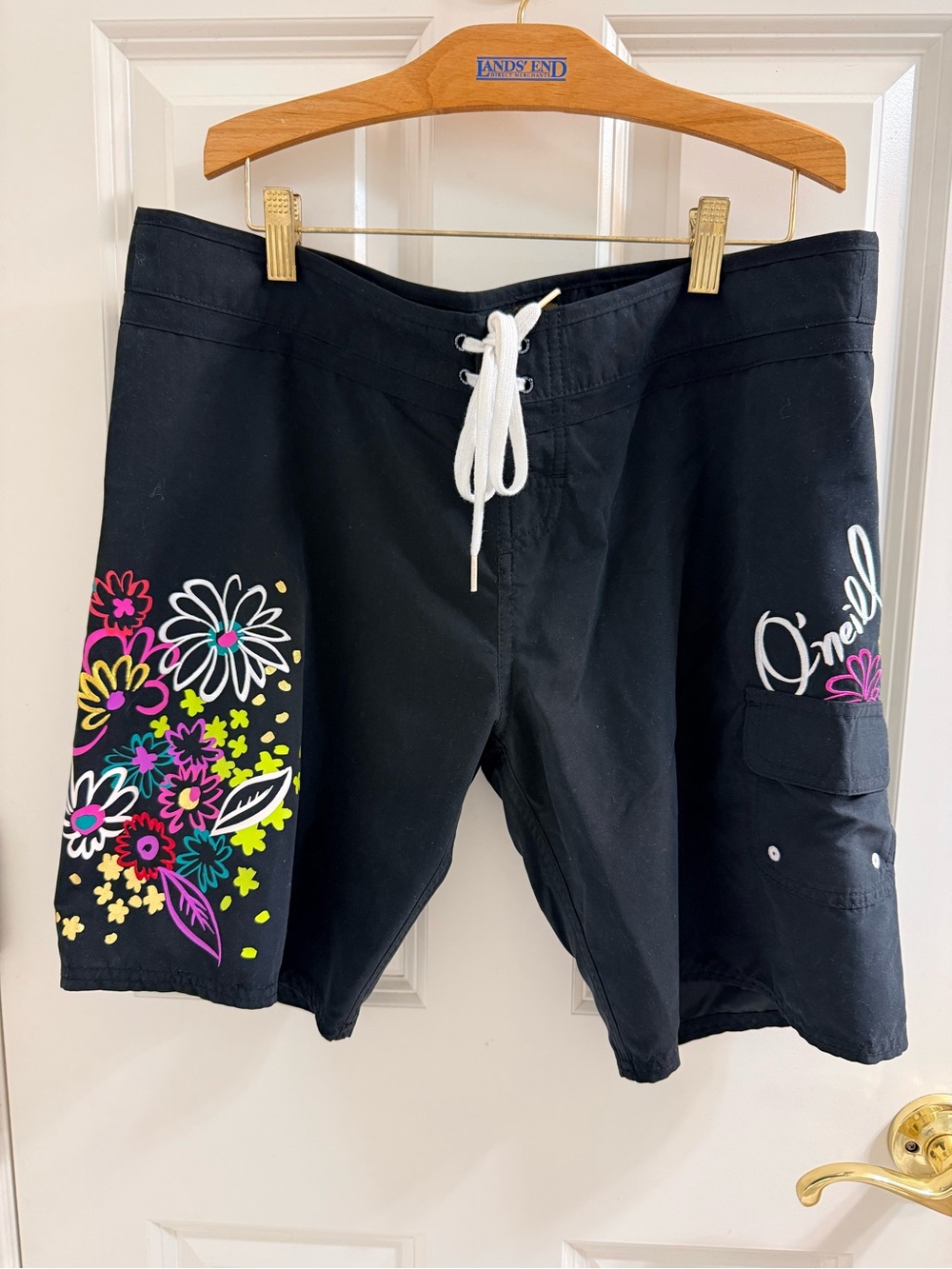 NWT O'Neill Black Swim Board Shorts with Bright Floral Print